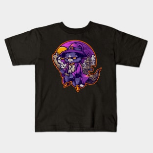 Cat Witch Flying on a Broom Halloween Theme Design Kids T-Shirt